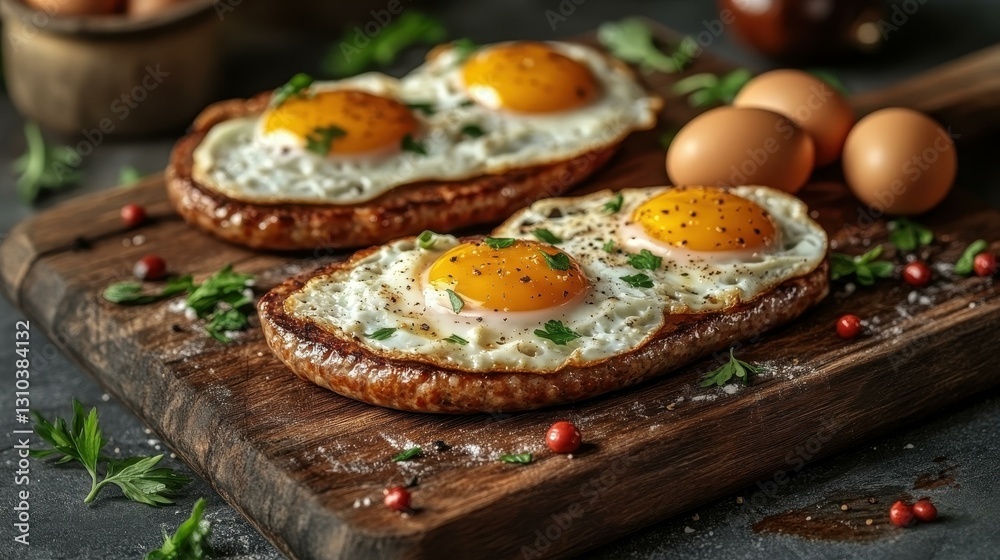 A rustic breakfast scene featuring sausage, eggs, and fresh Mediterranean herbs on a wooden cutting board. A rustic breakfast scene featuring sausage, eggs, and fresh Mediterranean herbs on a wooden cutting board.