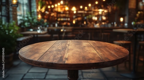 A rustic wooden round table stands ready in a cozy pub, bathed in warm ambient lights, perfect for drinks and chats.