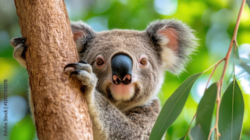 Obraz premium Koala climbing eucalyptus tree in vibrant Australian landscape