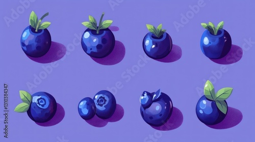 Cartoon blueberries on purple background. Colorful illustration.  Potential stock photo