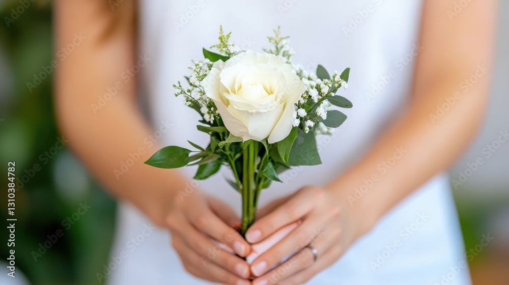 Charming florist showcasing a white rose for a wedding bouquet Charming florist showcasing a white rose for a wedding bouquet