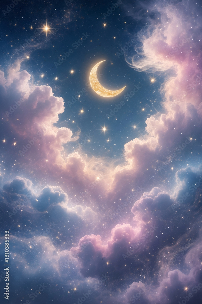 Fototapeta premium Vibrant colorful pink and purple clouds with crescent moon, starry background wallpaper