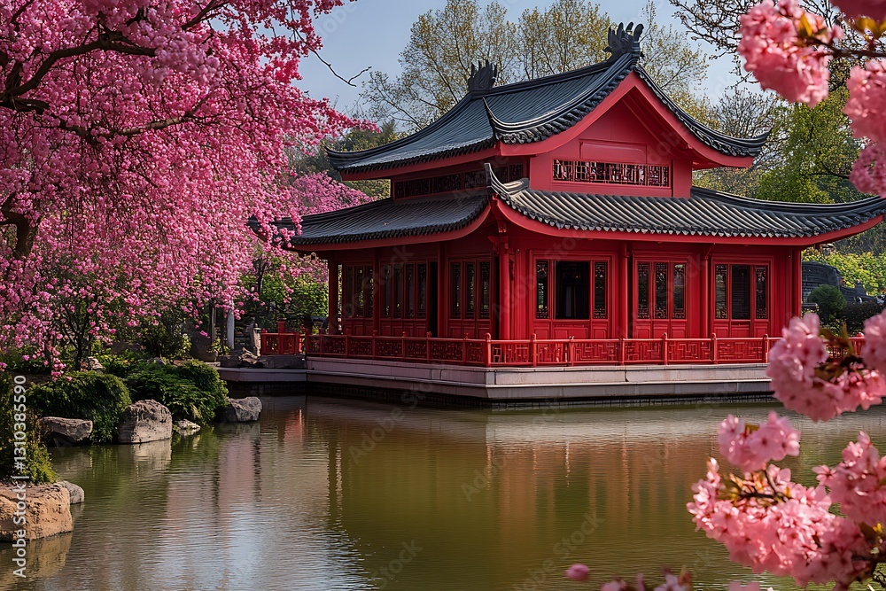 Fototapeta premium Red Pavilion, Cherry Blossoms, Pond