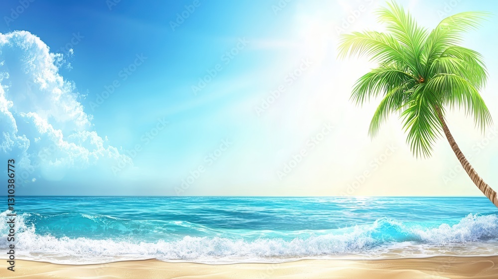 Relaxing beach scene with palm trees and waves tropical paradise digital artwork sunny day serene atmosphere Relaxing beach scene with palm trees and waves tropical paradise digital artwork sunny day serene atmosphere