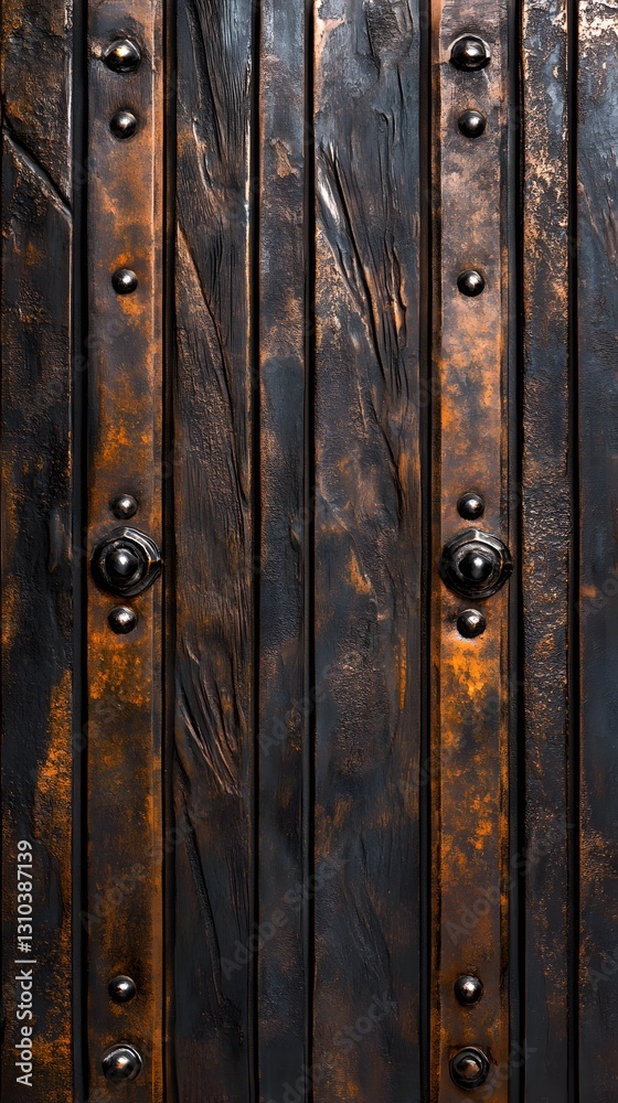 A rusty metal door featuring a weathered surface with distinctive texture and industrial details highlighting aged beauty