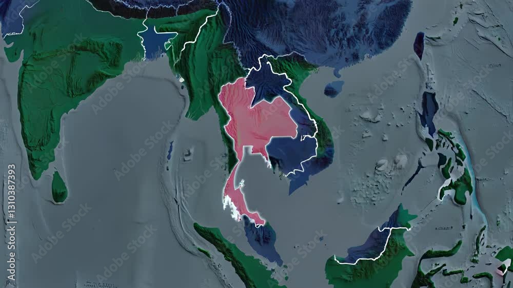 Globe Map Zooming In On Thailand and Outlining Thailand's Borders Clip