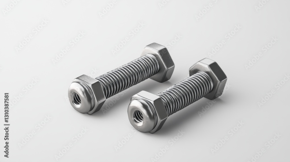 Stainless Steel Bolts on White Background with Detailed Threading and Hexagonal Head for Industrial Applications Stainless Steel Bolts on White Background with Detailed Threading and Hexagonal Head for Industrial Applications