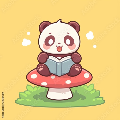 Panda Reading on Mushroom