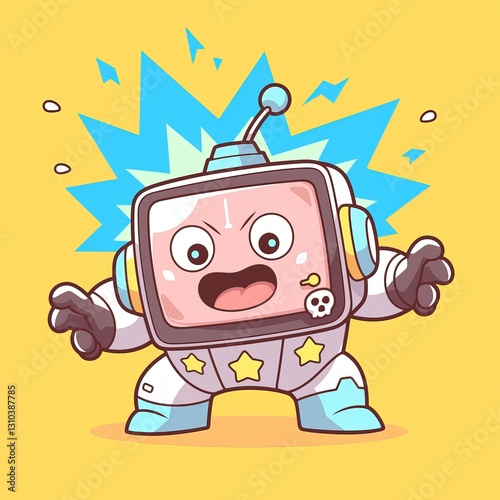 Retro TV Astronaut, Excited Pose, Yellow Backdrop