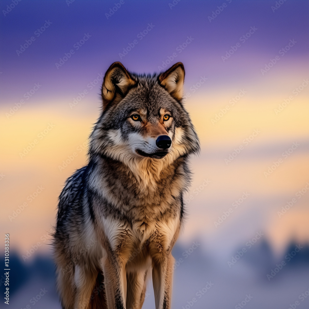 Fototapeta premium Water Color, Dog Moody, Majestic wolf in twilight forest animal photography nature serene close-up wildlife beauty