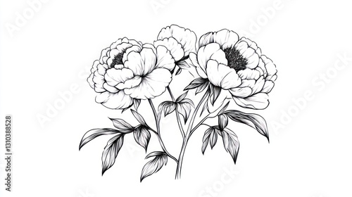 Fototapeta Naklejka Na Ścianę i Meble -  Elegant black and white peony bouquet, artistic line drawing, detailed illustration, perfect for prints or wall art
