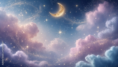 Vibrant colorful pink and purple clouds with crescent moon, starry background wallpaper