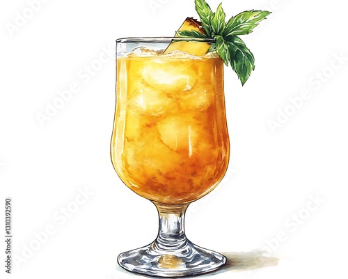 Tropical drink with garnish, studio, white