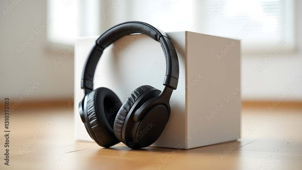 A pair of black over-ear headphones resting on a white cube, placed on a wooden floor. The cube is positioned in the center of the frame, with the headphones facing forward. A pair of black over-ear headphones resting on a white cube, placed on a wooden floor. The cube is positioned in the center of the frame, with the headphones facing forward.