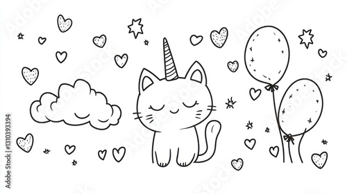 Cute unicorn cat with balloons and hearts, coloring page, kids, fantasy