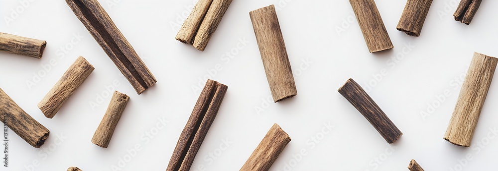 Natural cinnamon sticks arranged on a clean white surface showcasing their unique textures and shapes : Generative AI Natural cinnamon sticks arranged on a clean white surface showcasing their unique textures and shapes : Generative AI