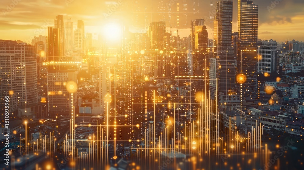 Cityscape with digital network, golden lights and skyscrapers for technology or business Cityscape with digital network, golden lights and skyscrapers for technology or business