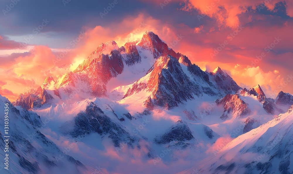 Obraz premium Majestic Snow-Capped Mountains Bathed in the Warmth of the Sunset Glow