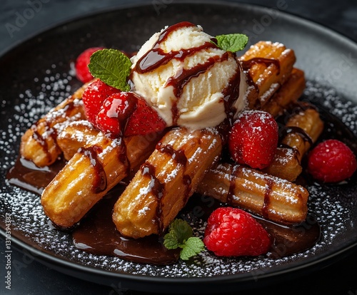 Freshly made churros drizzled with chocolate sauce and topped with ice cream and strawberries on a dark plate : Generative AI