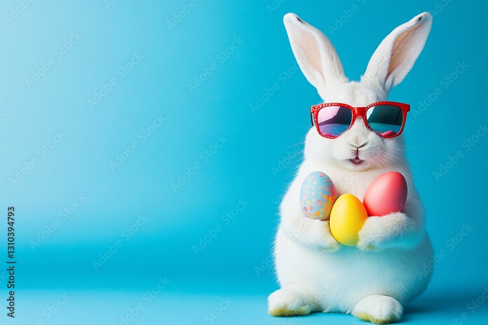 Fototapeta premium Cute white Easter bunny wearing stylish sunglasses, perfect for Easter and spring celebrations