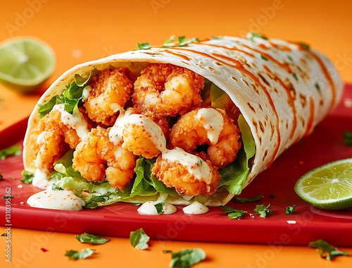 Crispy Fried Shrimp Wrapped in Tortilla with Fresh Vegetables and Spicy Sauce on a Bright Background : Generative AI