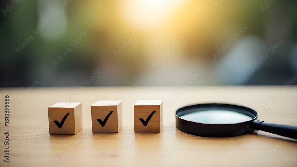 custom made wallpaper toronto digitalA close-up photograph of a wooden block with a black checkmark, placed on a wooden surface. Next to it is a magnifying glass, with the handle on the right and the lens on the left.
