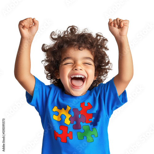 Joyful Child with Autism Awareness Puzzle T-Shirt, Celebratory Pose