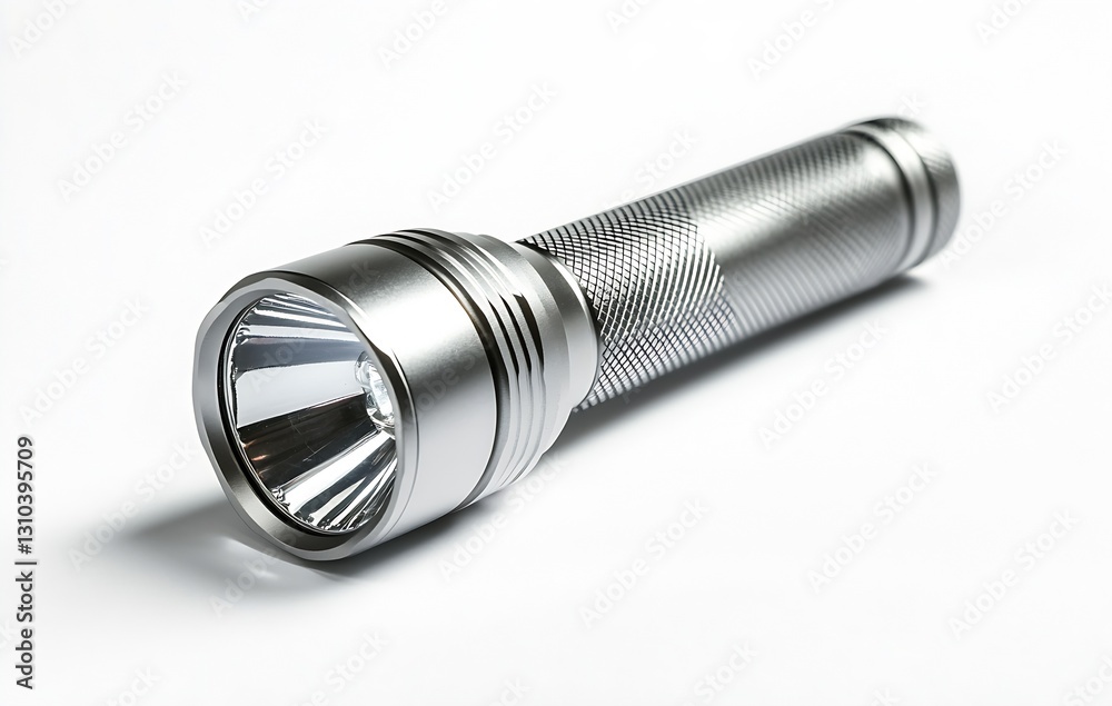 High Quality Silver Flashlight on Clean White Background Perfect for Outdoor and Emergency Use : Generative AI High Quality Silver Flashlight on Clean White Background Perfect for Outdoor and Emergency Use : Generative AI
