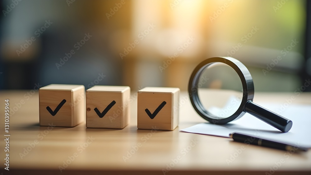 custom made wallpaper toronto digitalA close-up photograph of a wooden block with a black checkmark, placed on a wooden surface. Next to it is a magnifying glass, with the handle on the right and the lens on the left.