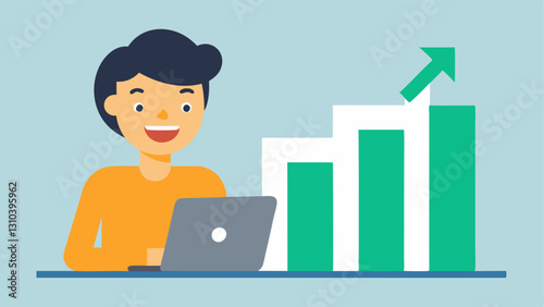 Investment Graph An individual looking at a rising bar graph on a laptop screen with joyful expression signifying growth in investments and financial progress.
