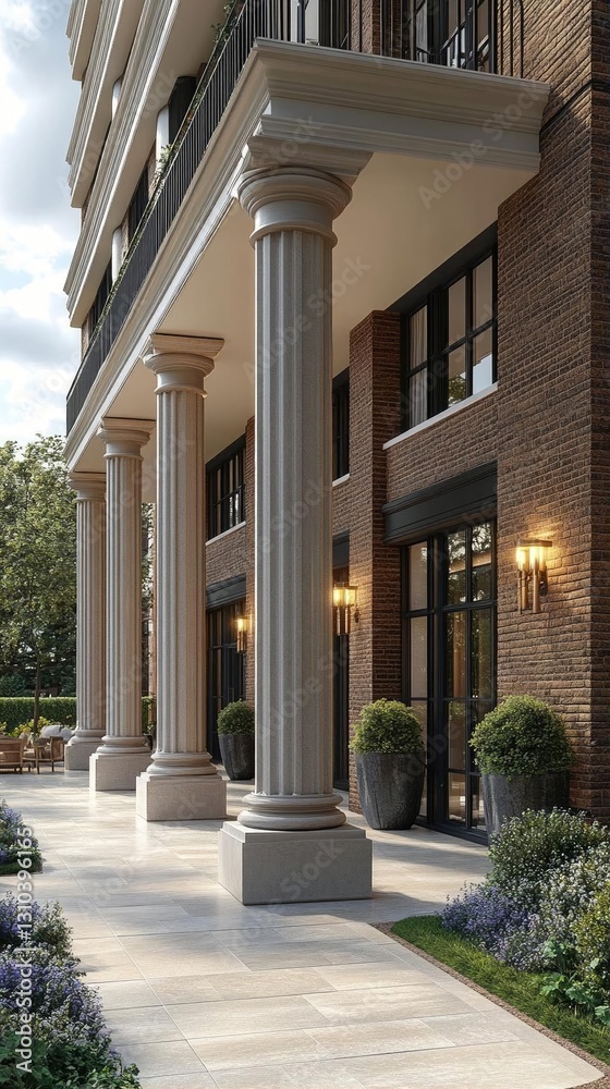 Elegant architectural view of a modern building with columns and lush greenery in the background Elegant architectural view of a modern building with columns and lush greenery in the background