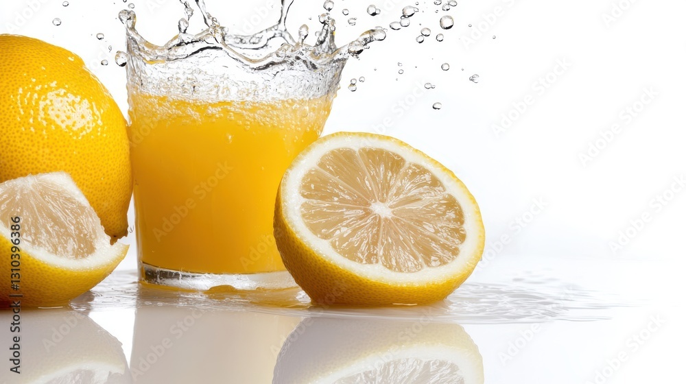 Lemon descends into a vibrant crown of yellow juice splashes Lemon descends into a vibrant crown of yellow juice splashes