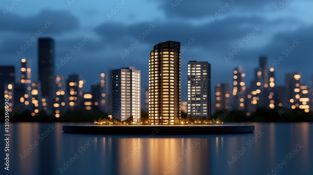 Urban skyline at twilight with modern buildings and glowing lights reflected on calm water surface