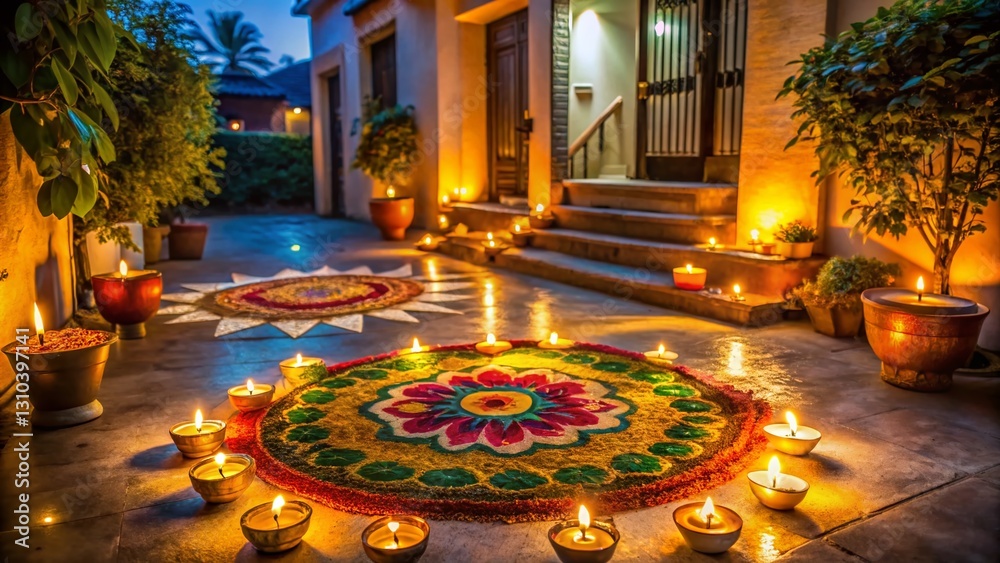 Obraz premium Diwali Rangoli Design: Colorful Festive Entrance Decoration with Diyas at Night