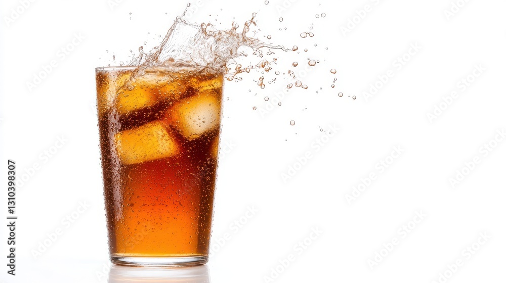 Bubbles and splashes dance in a refreshing cola beverage on white background Bubbles and splashes dance in a refreshing cola beverage on white background