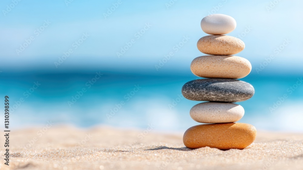 Meditative stone stack on sandy beach with ocean waves in the background Meditative stone stack on sandy beach with ocean waves in the background