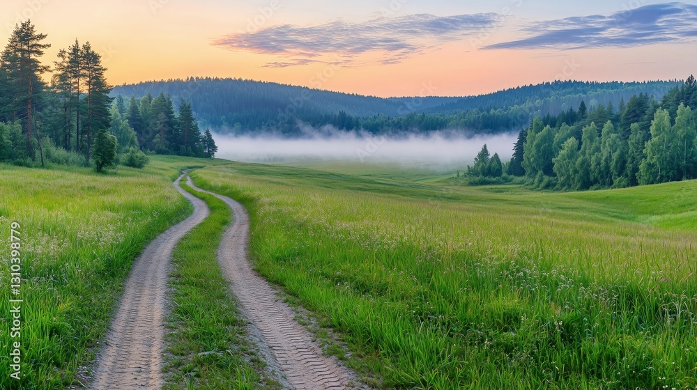 Fototapeta premium A winding dirt road through lush green fields and misty hills at dawn.