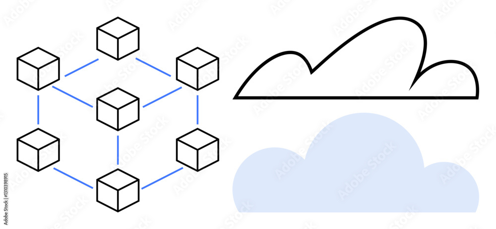 Fototapeta premium Connected cubes forming a blockchain network next to cloud imagery. Ideal for technology, data sharing, storage, innovation, decentralization, security, and connectivity in flat simple metaphor