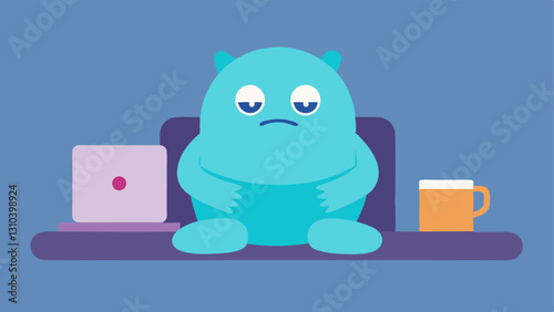 Stress Monster A small cartoonish monster representing stress sitting at a desktop while a large comforting pillow is p next to it indicating how reducing stress leads to better