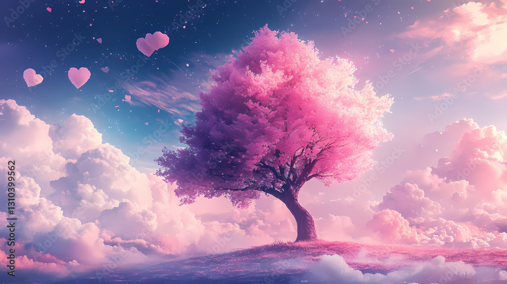 Dreamlike floating tree with soft cotton candy clouds as leaves, glowing softly in a surreal sky. Arcadian - Countryside. Illustration