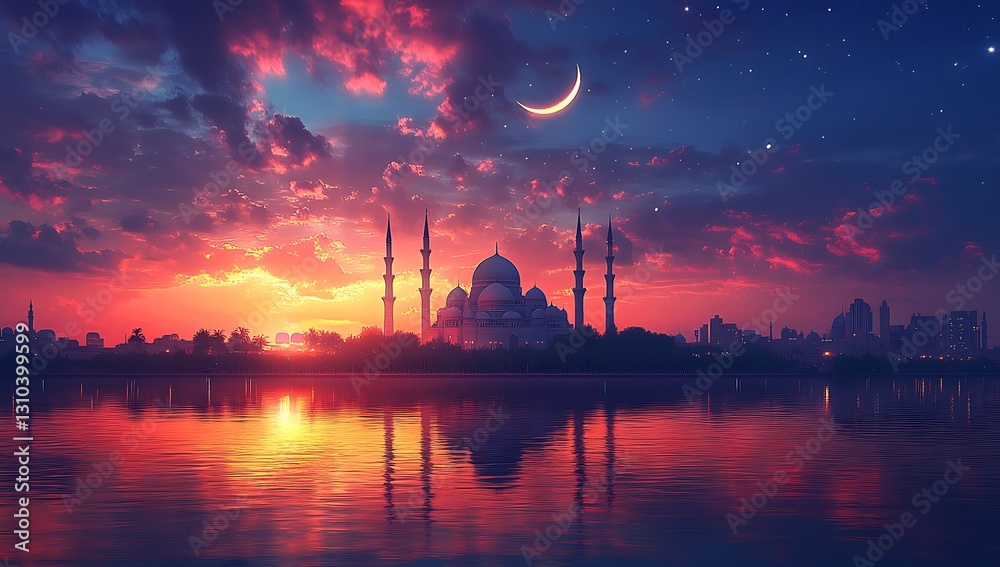 Naklejka premium Silhouetted Mosque at Sunset with Crescent Moon and Water Reflection