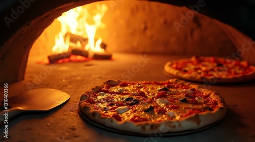 Italian pizza is cooked in a wood-fired oven. Pizzeria restaurant dinner cooking of cheese pizza on traditional firewood flames