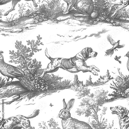 Seamless vector pattern with dogs, forest animals and birds. Traditional old European hunting motifs. Vintage engraving style illustration.