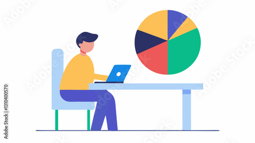 Investment Portfolio Review A gig worker sitting at a table reviewing a colorful pie chart of their investment portfolio contemplating adjustments for their retirement goals.