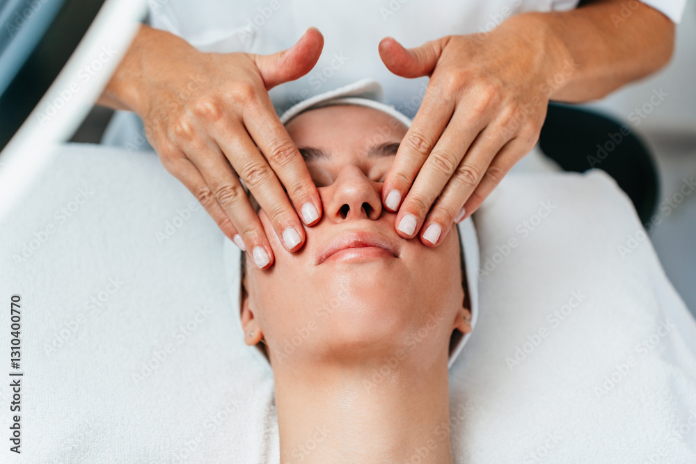 Beautiful relaxed young woman lies with her eyes closed, enjoying a facial massage at a spa salon. Female client enjoy receiving skin care procedure treatment. Wellness and beauty concept. Beautiful relaxed young woman lies with her eyes closed, enjoying a facial massage at a spa salon. Female client enjoy receiving skin care procedure treatment. Wellness and beauty concept.
