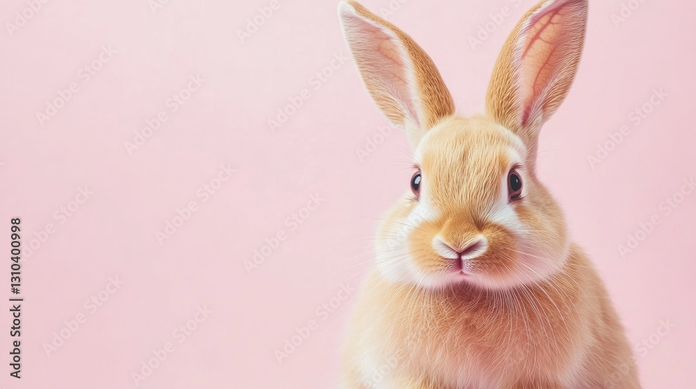 Photo of a little bunny, on a soft pink background Easter theme