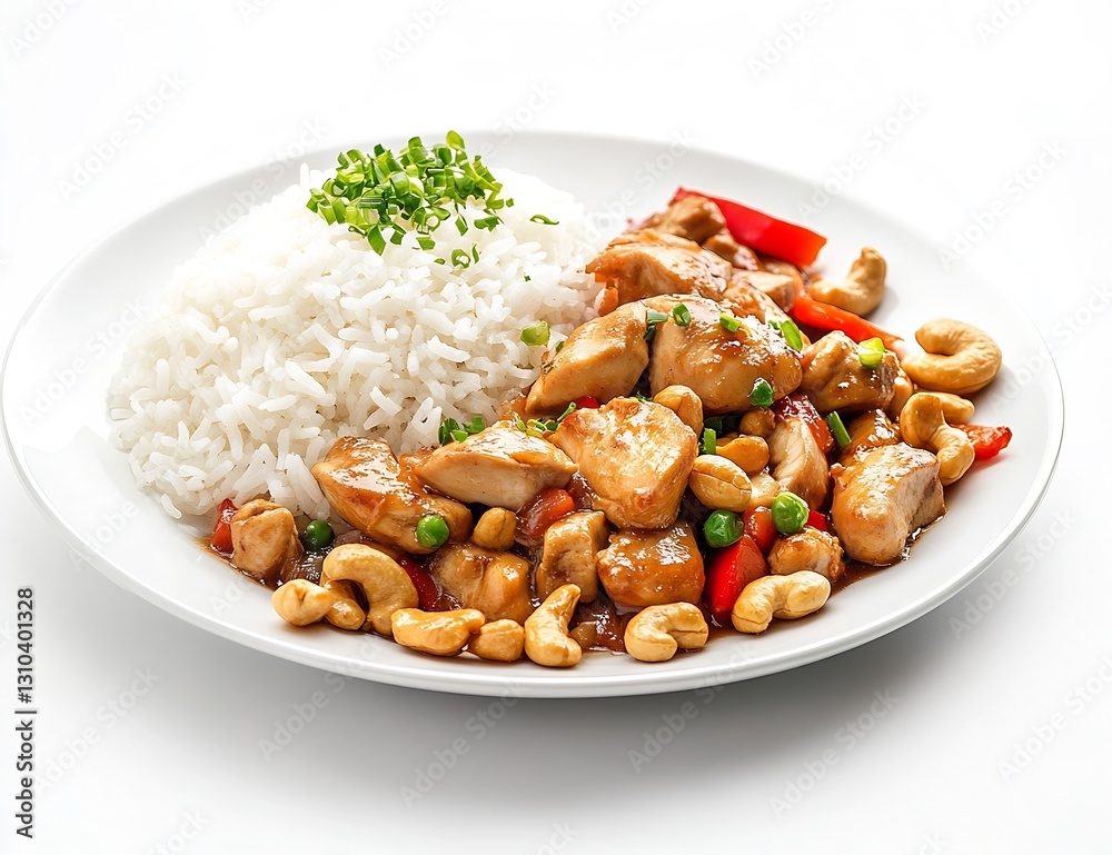 Stirfried chicken with vegetables and cashews served with rice for a wholesome meal : Generative AI Stirfried chicken with vegetables and cashews served with rice for a wholesome meal : Generative AI