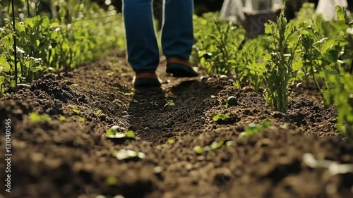 A peaceful stroll through the garden rows, enjoying the sun's warmth and the green plants growing in the rich soil.