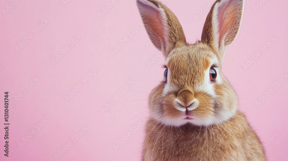 Obraz premium Photo of a little bunny, on a soft pink background Easter theme