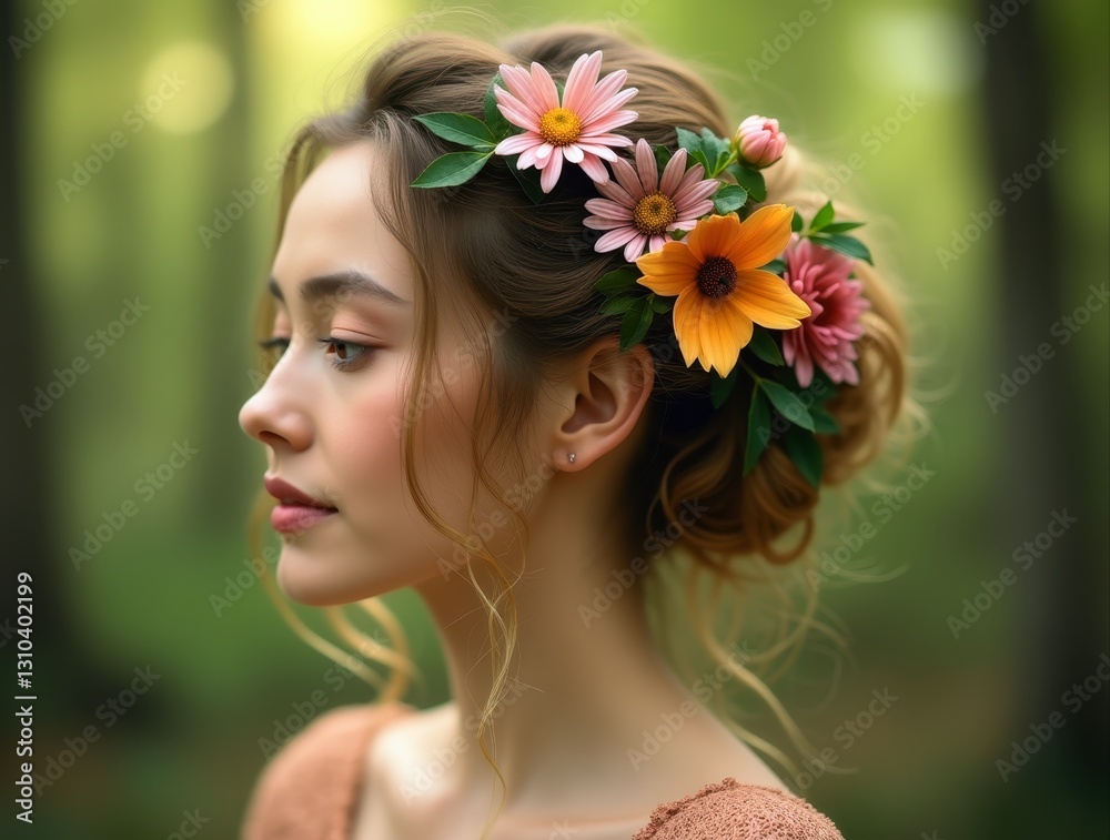 Beautiful woman wearing flowers in her hair in a forest Beautiful woman wearing flowers in her hair in a forest